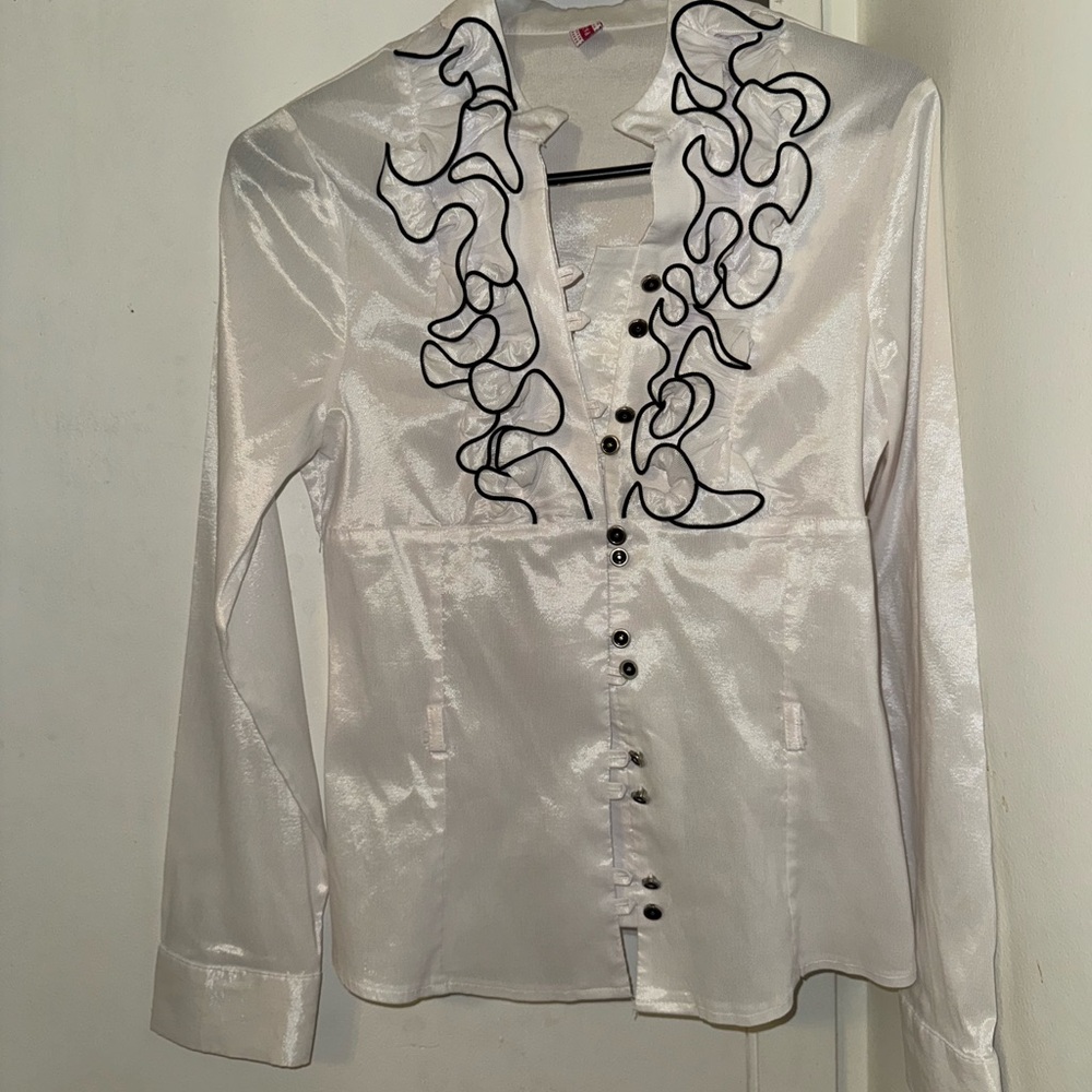 White Satin Blouse with Black Ruffle Trim